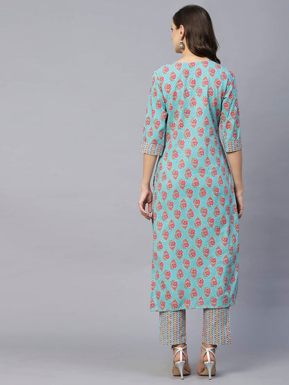 ANNI DESIGNER Women's Cotton Blend Printed Straight Kurta with Pant (Dava Green)