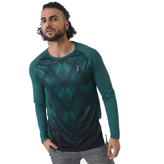 Campus Sutra Mens Green Printed Dri-Fit Long Sleeve Regular Fit Activewear T-Shirt for Casual Wear | Modern Clothing T-Shirt Cr