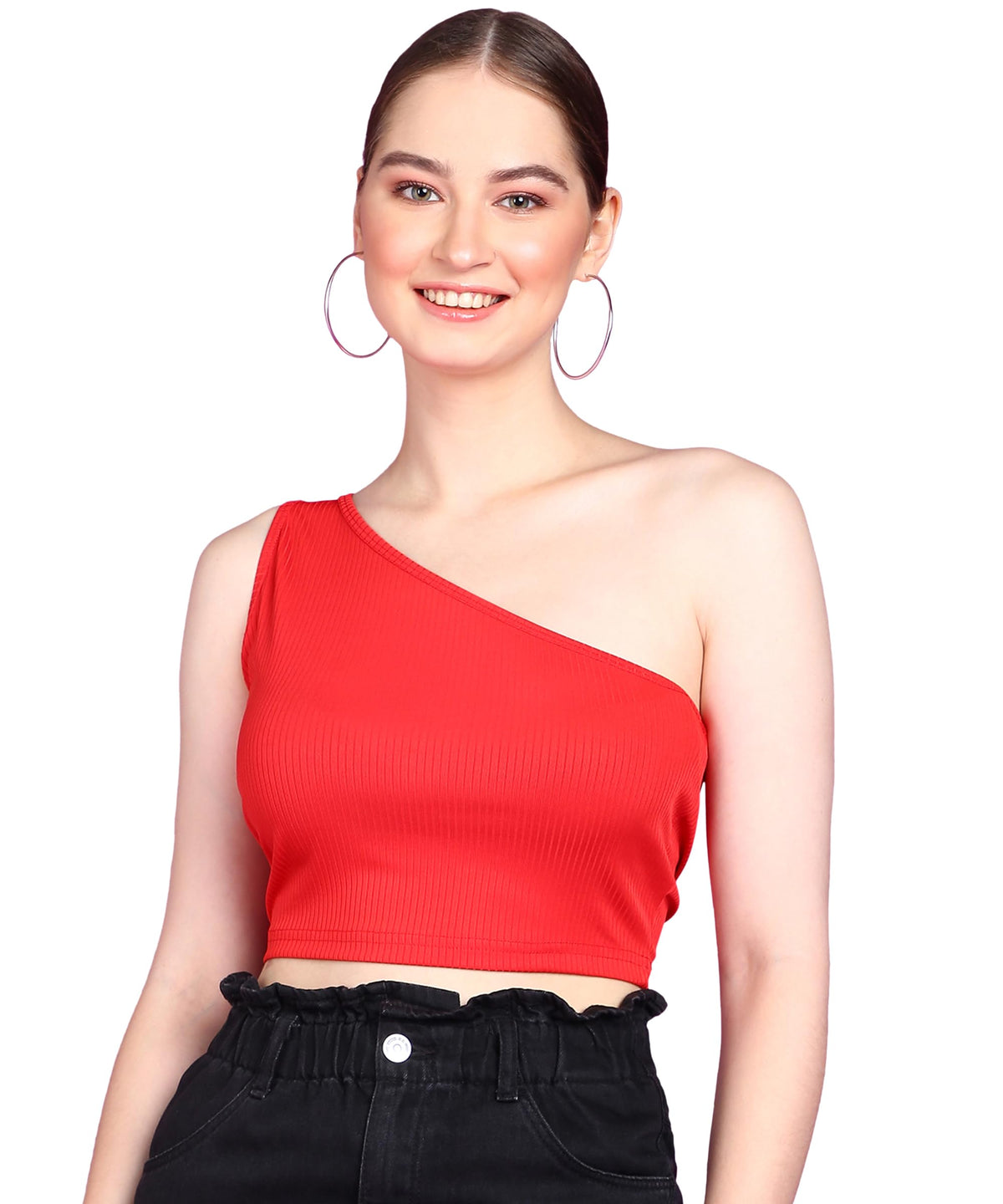 POPWINGS Women Casual Red Self Design Rib One Shoulder Sleeveless Crop Top