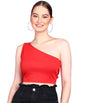 POPWINGS Women Casual Red Self Design Rib One Shoulder Sleeveless Crop Top