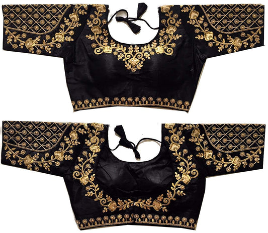Vihu Fashion Silk Womens Embroidery Handwork Thread Zari Stone Work Readymade Half Sleeve Blouse (Floral Half Sleeve Blouse Var