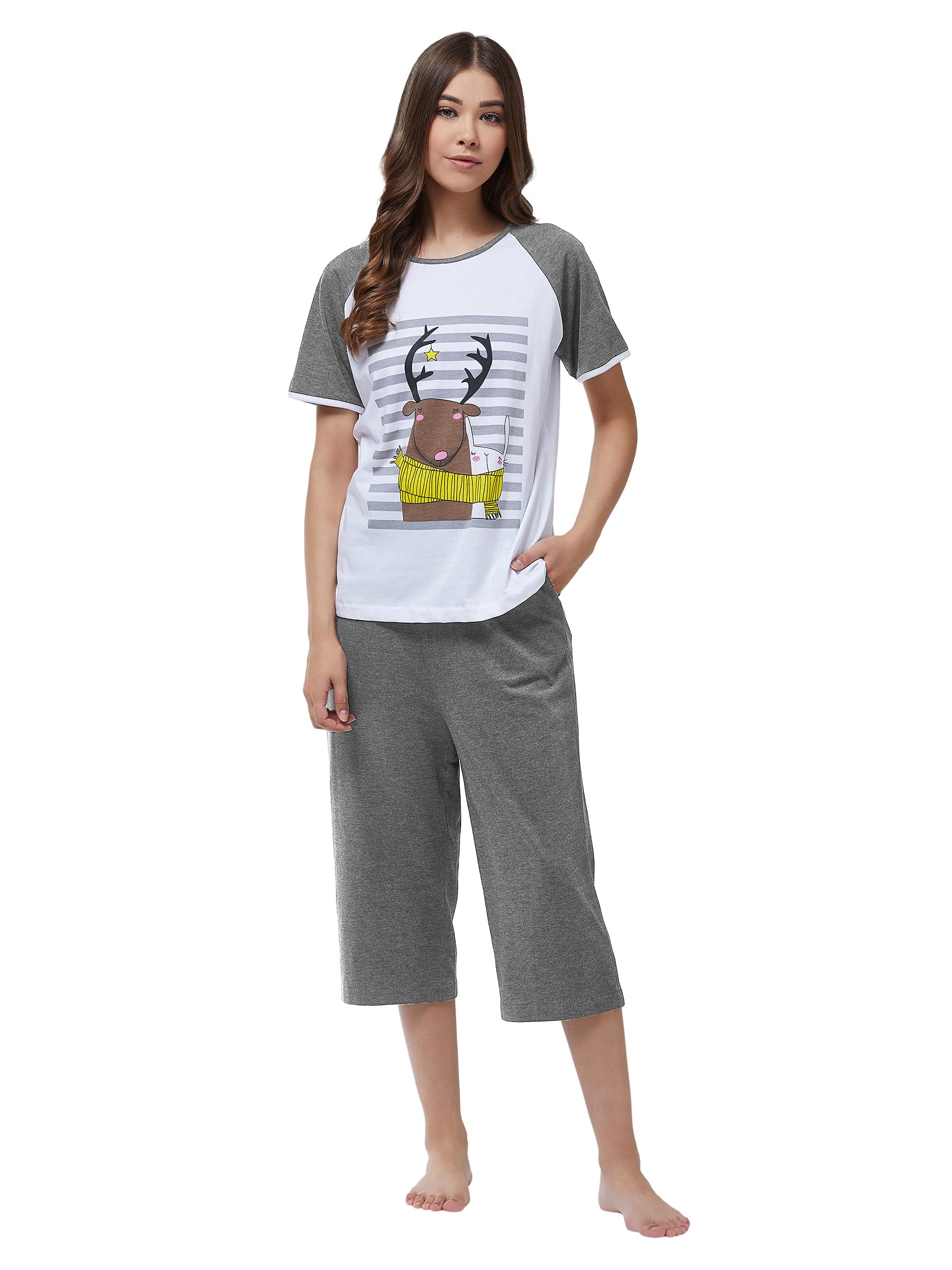 Miss Chase WomenS White And Grey 100% Cotton Pyjama With 2 Side Pockets (Mcss20Nw04-10-185-06, White And Charcoal Gray, X-Large