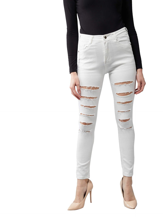 Dolce Crudo Womens White Skinny High Rise Ripped Regular Length Stretchable Denim Jeans(DOSS19DEN08-81-82-26,White,26)