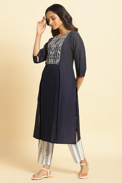W Blue Embroidered Cotton Straight Long Dori Kurta For Women