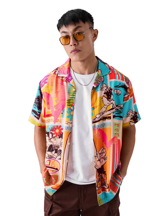 The Souled Store Official Popeye: Surfing Mens and Boys Loose fit Graphic Printed Half Sleeve Rayon Multicolored Summer Shirts S
