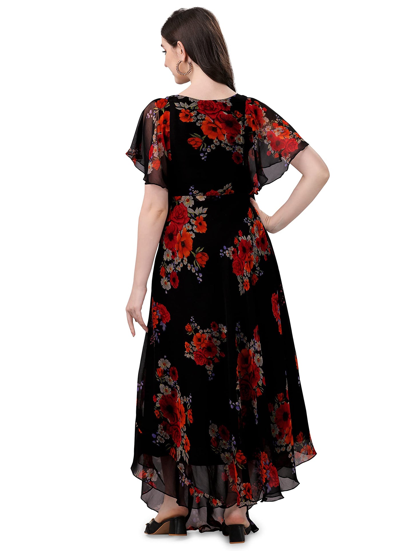 Trillmixa WomenS Georgette Floral Maxi-Length Dress(T_Flower) Black