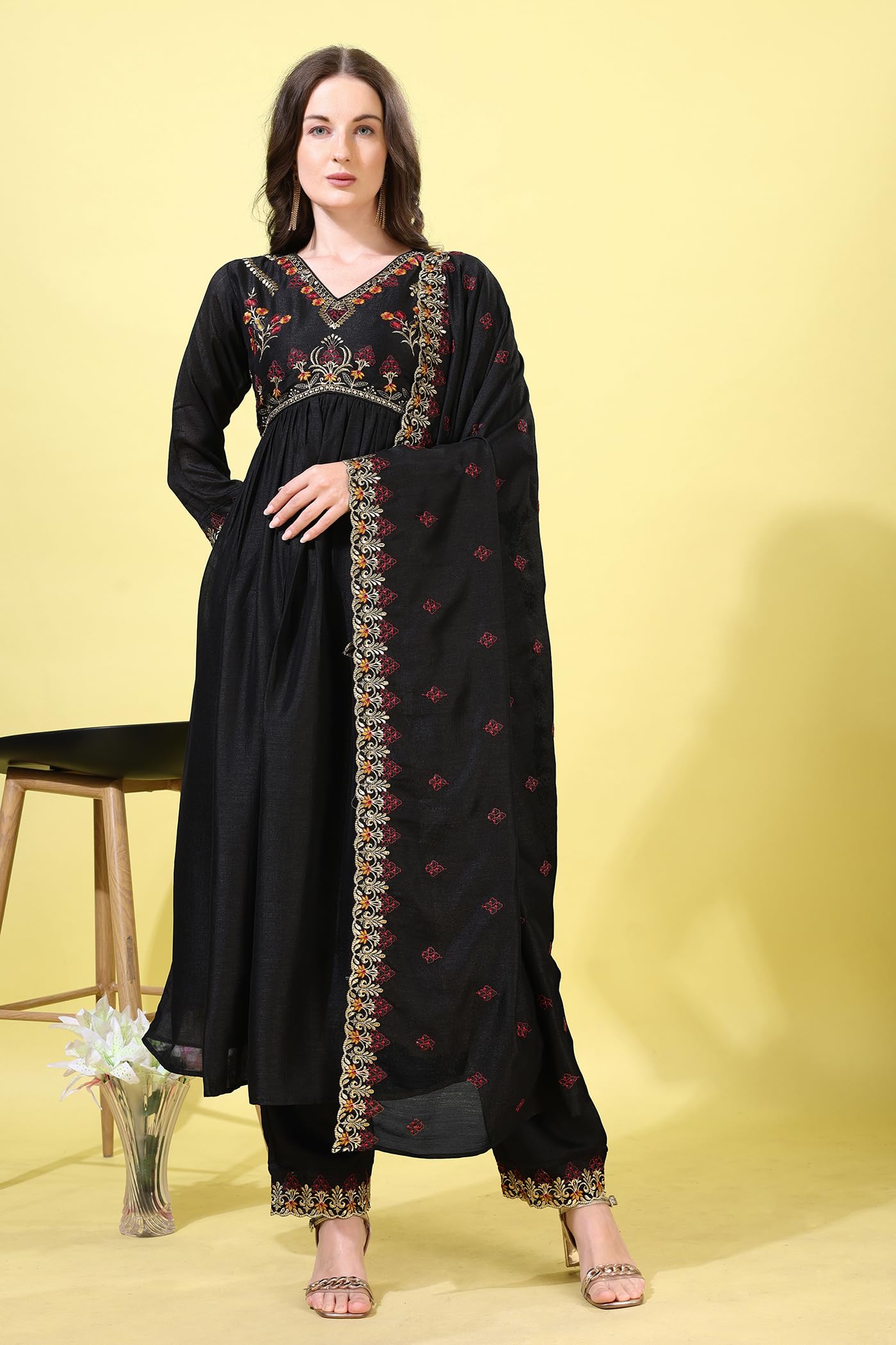 Pratham Blue WomenS Silk Embroidered Anarkali Kurta Palazzos With Dupatta |Kurta Sets For Women |Women Kurta |Women Embroidered