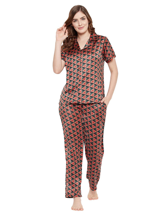 Clovia Womens Satin Print Me Pretty Button Me Up Shirt & Pyjama Set (LS0385F06_Brown_L)