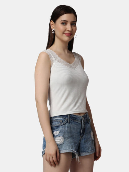 POPWINGS Casual Solid Self Design Ribbed Lace Work Crop Top for Women || Sleeveless Crop Top for Women || Sweetheart Neck Women