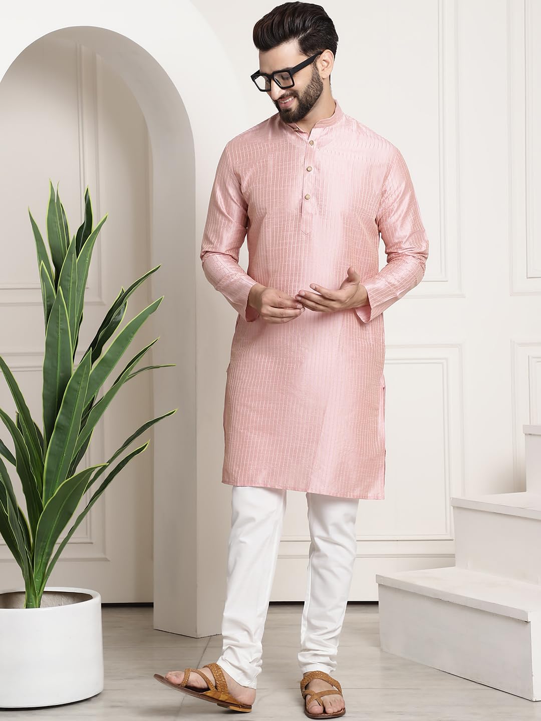Sojanya (Since 1958 MenS Silk Blend Pink Pintex Kurta And White Churidar Pyjama Set