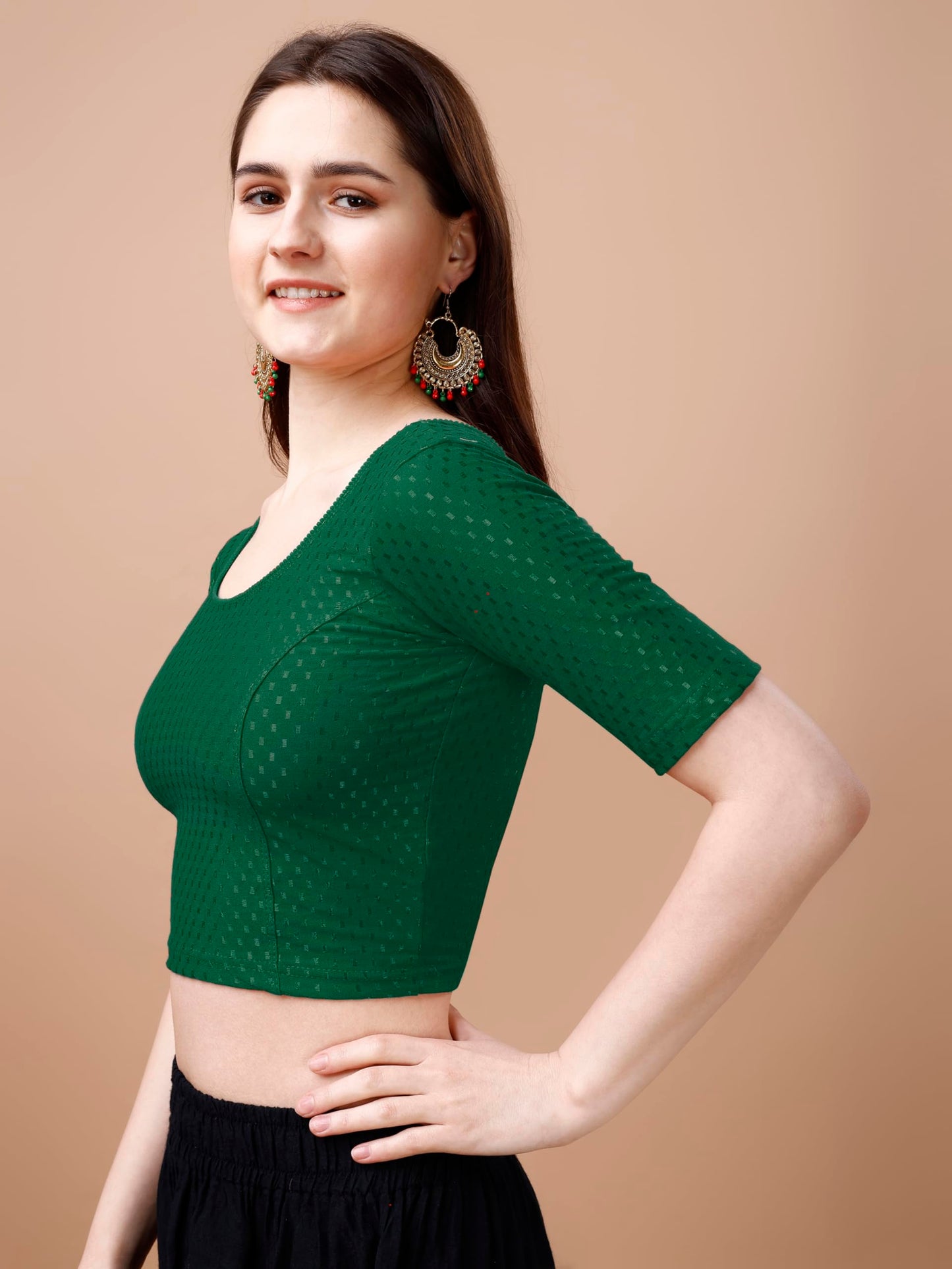 Pujia Mills WomenS Readymade Dobby Cotton Lycra Stretchable Round Neck Half Sleeve Blouse Fancy Green Color Lycra Stretchable B