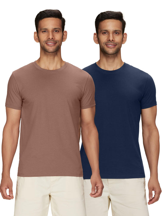 XYXX Mens Solid Regular Fit T-Shirt (XY_CR15_Tshirt_2_Brown Latte+Midnight Blue