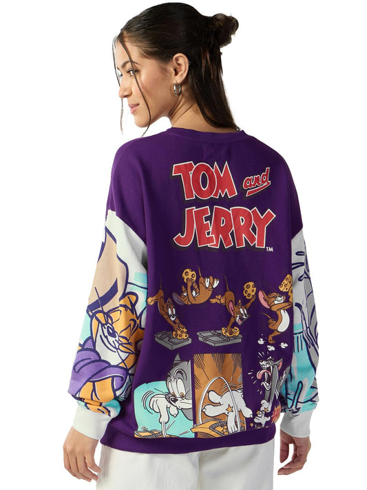 Bewakoof Official Tom & Jerry Merchandise WomenS Graphic Printed Oversized Fit Full Sleeve Round Neck Terry Sweatshirt_641006_Pu