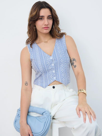 The Souled Store Linen Blend Vest: Aztec Women and Girls V Neck Sleeveless Button Front Blue Printed Polyester Blend Regular Fit