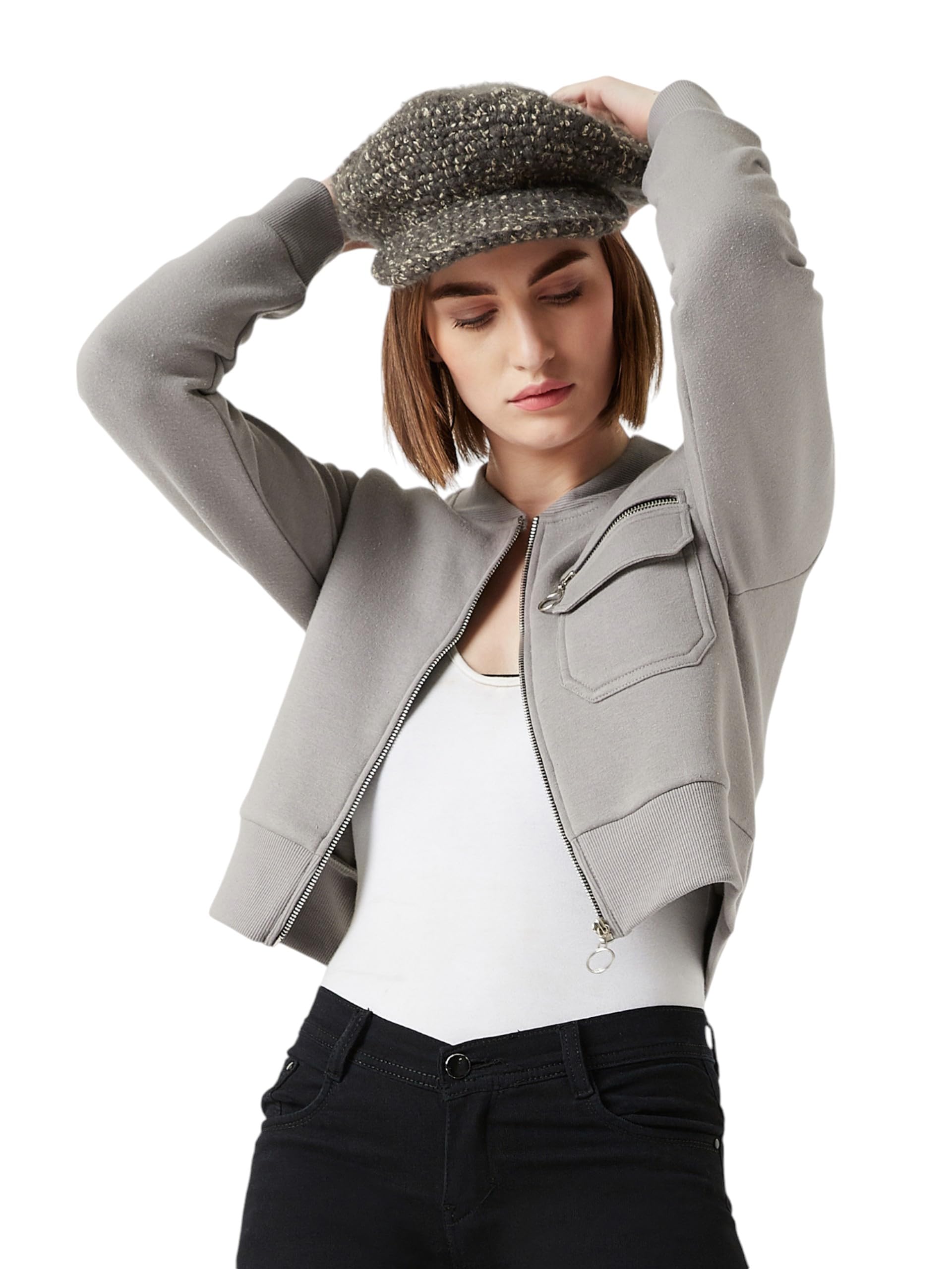 Miss Chase Womens Full Sleeves Cotton Bomber Cropped Jacket (MCAW22JKT03-54-442-06, Hound Grey, XL)