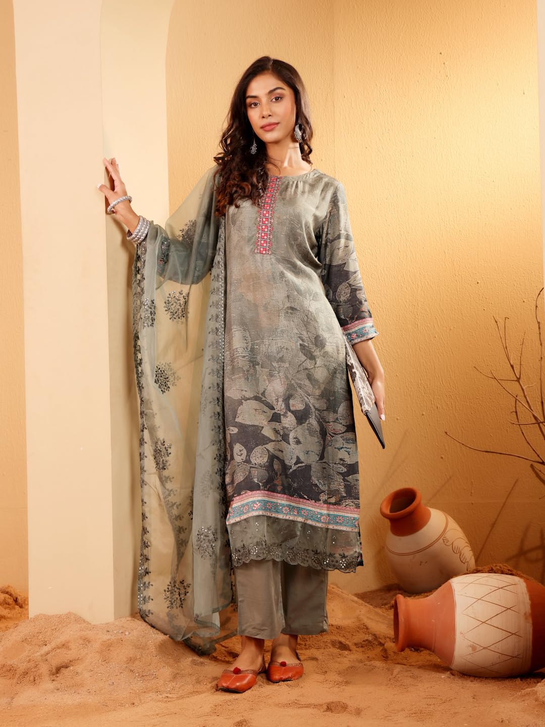 Varanga Women Tonal Floral Printed Thread Embroidered Kurta with Bottom & Sequinned Dupatta ?Elegant Ethnic Set