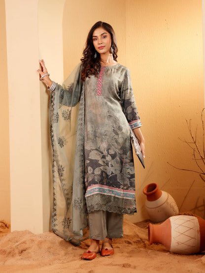 Varanga Women Tonal Floral Printed Thread Embroidered Kurta with Bottom & Sequinned Dupatta ?Elegant Ethnic Set