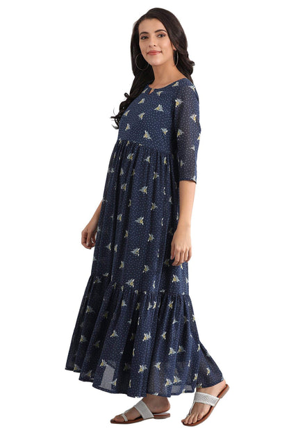 Aurelia Women's Polyester Dark Blue Round Neck Printed Dress Ankle Length