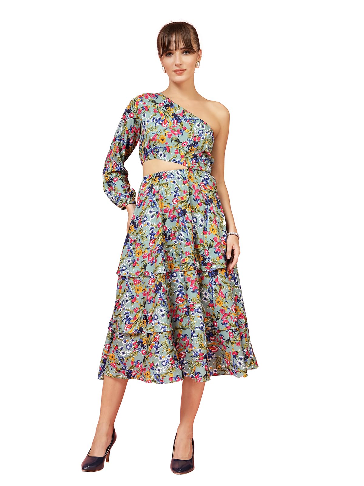 Oomph! WomenS Western & Fusion Wear Printed Crepe Dress For Women, One Shoulder, Blue - Md1068