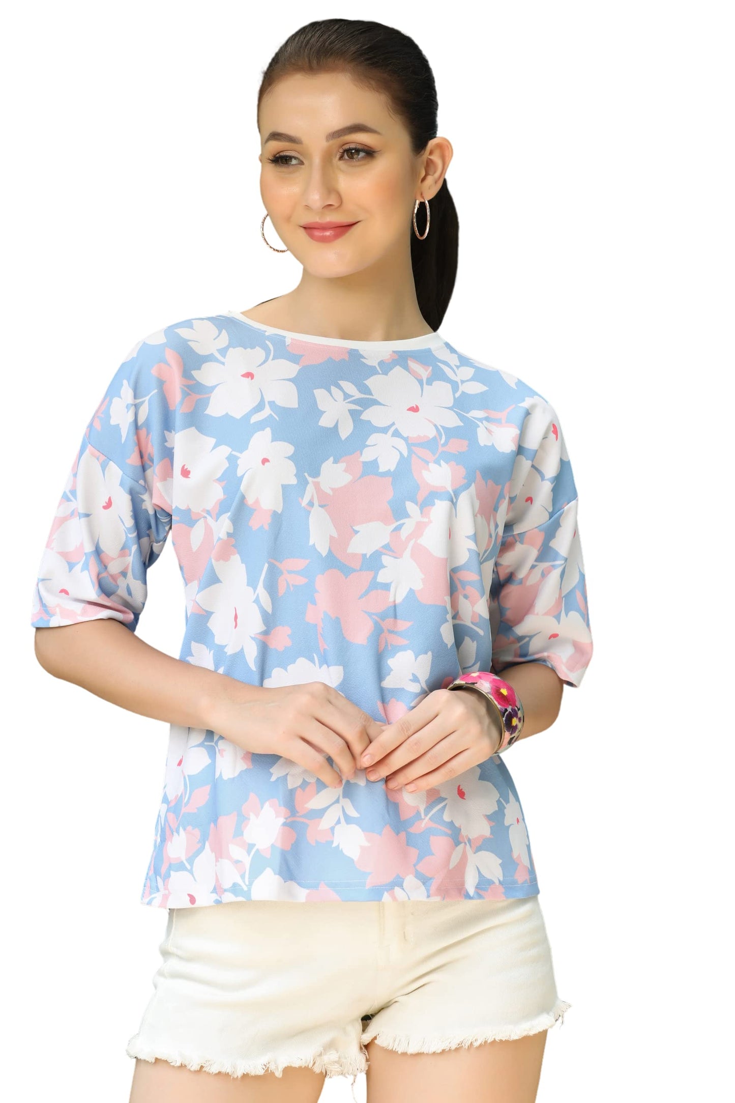 OM SAI LATEST CREATION Womens Lycra Casual Flower Printed Half Sleeve Western Top for Women/Girls Night wear Top (X-Small, Pink