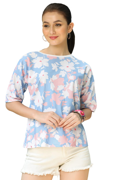 OM SAI LATEST CREATION Womens Lycra Casual Flower Printed Half Sleeve Western Top for Women/Girls Night wear Top (X-Small, Pink