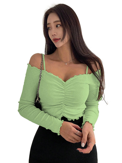 Sugathari Womens Green Solid Colour Open Cold Off Shoulder Long Sleeve Lettuce Hem Casual Autumn Trim Tight- Slim Fitting Ruche