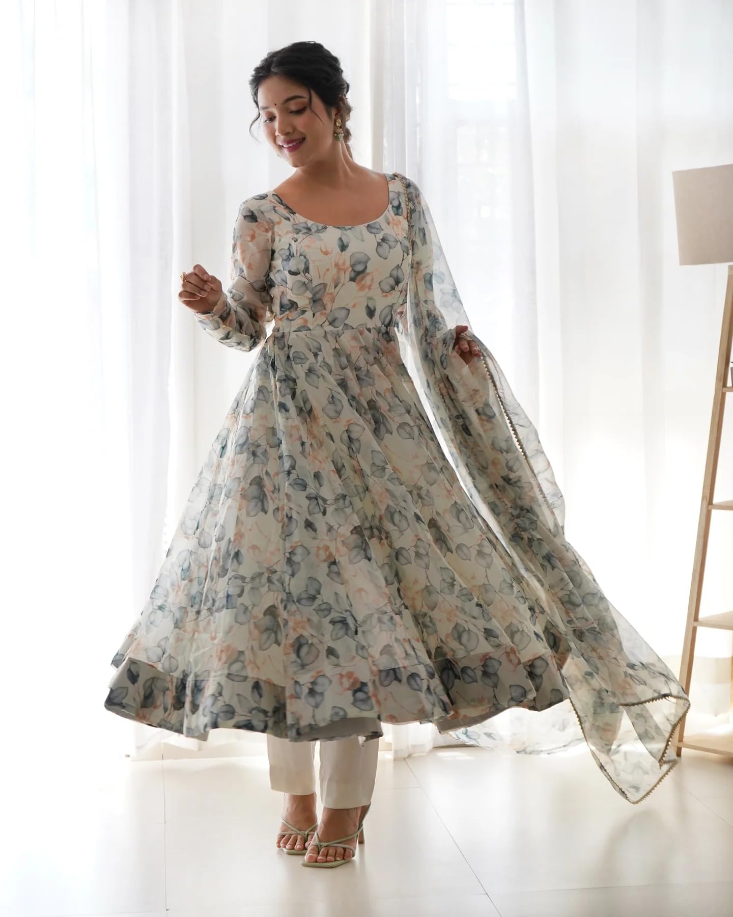 Women Floral Print Anarkali Kurta with Pant and Duptta (Medium, White-Beige)