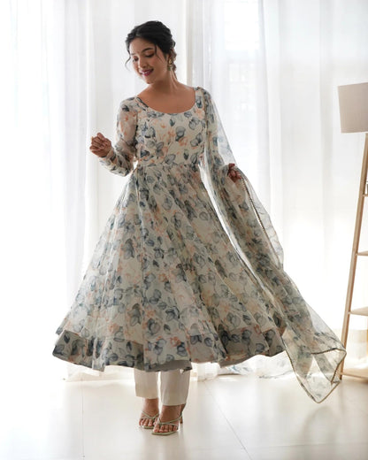 Women Floral Print Anarkali Kurta with Pant and Duptta (Medium, White-Beige)