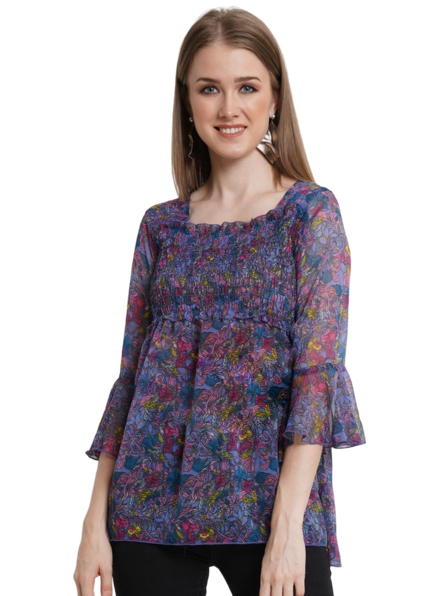 POPWINGS Printed Chiffon Peplum Tops for Women || 3/4th Sleeves Square Neck Women Tops for Summer || Stylish Western Smocking Wo