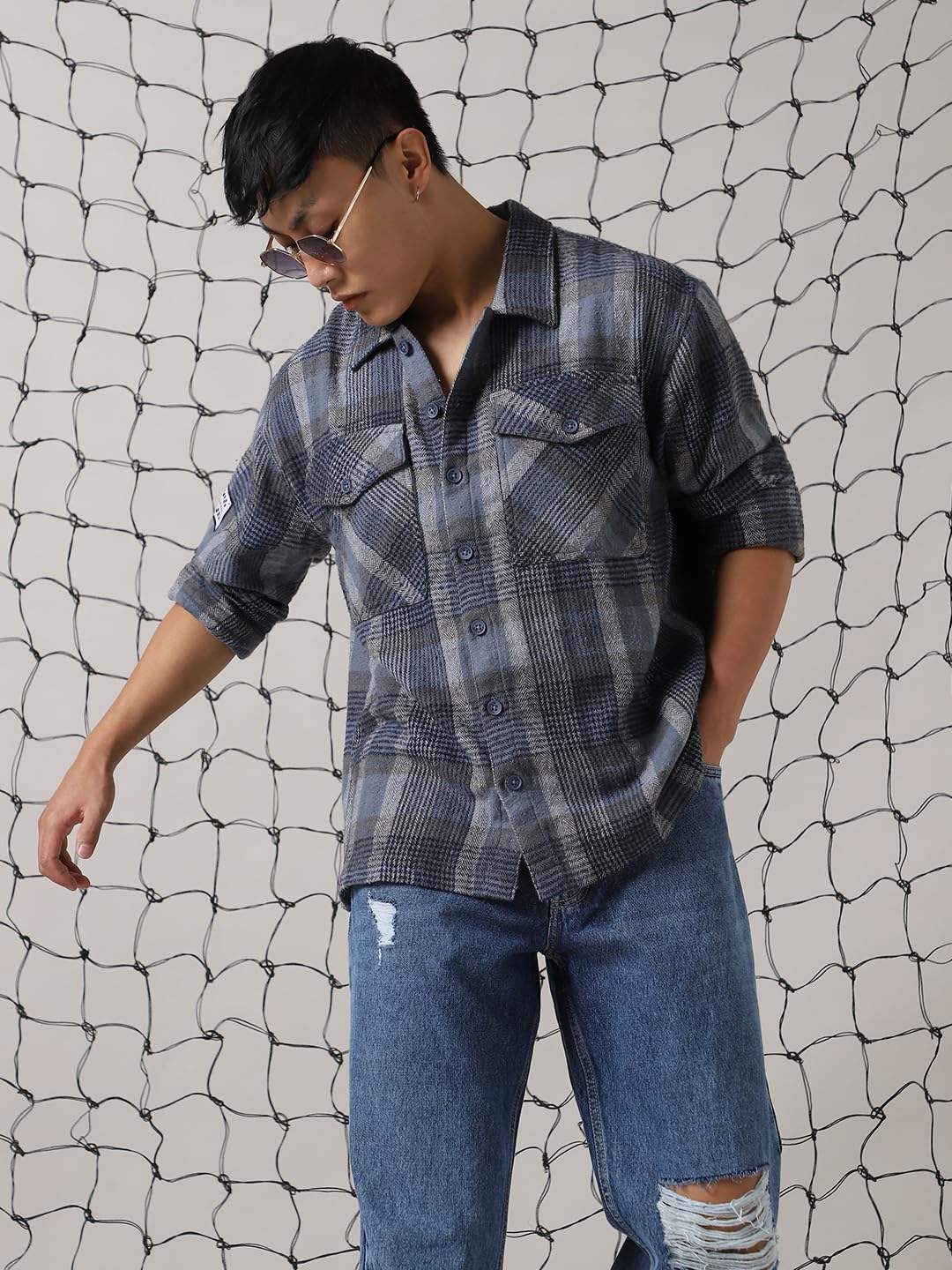 Hubberholme Men Cotton Check Oversized Fit Spread Collar Long Sleeves Shirts