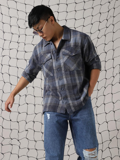 Hubberholme Men Cotton Check Oversized Fit Spread Collar Long Sleeves Shirts