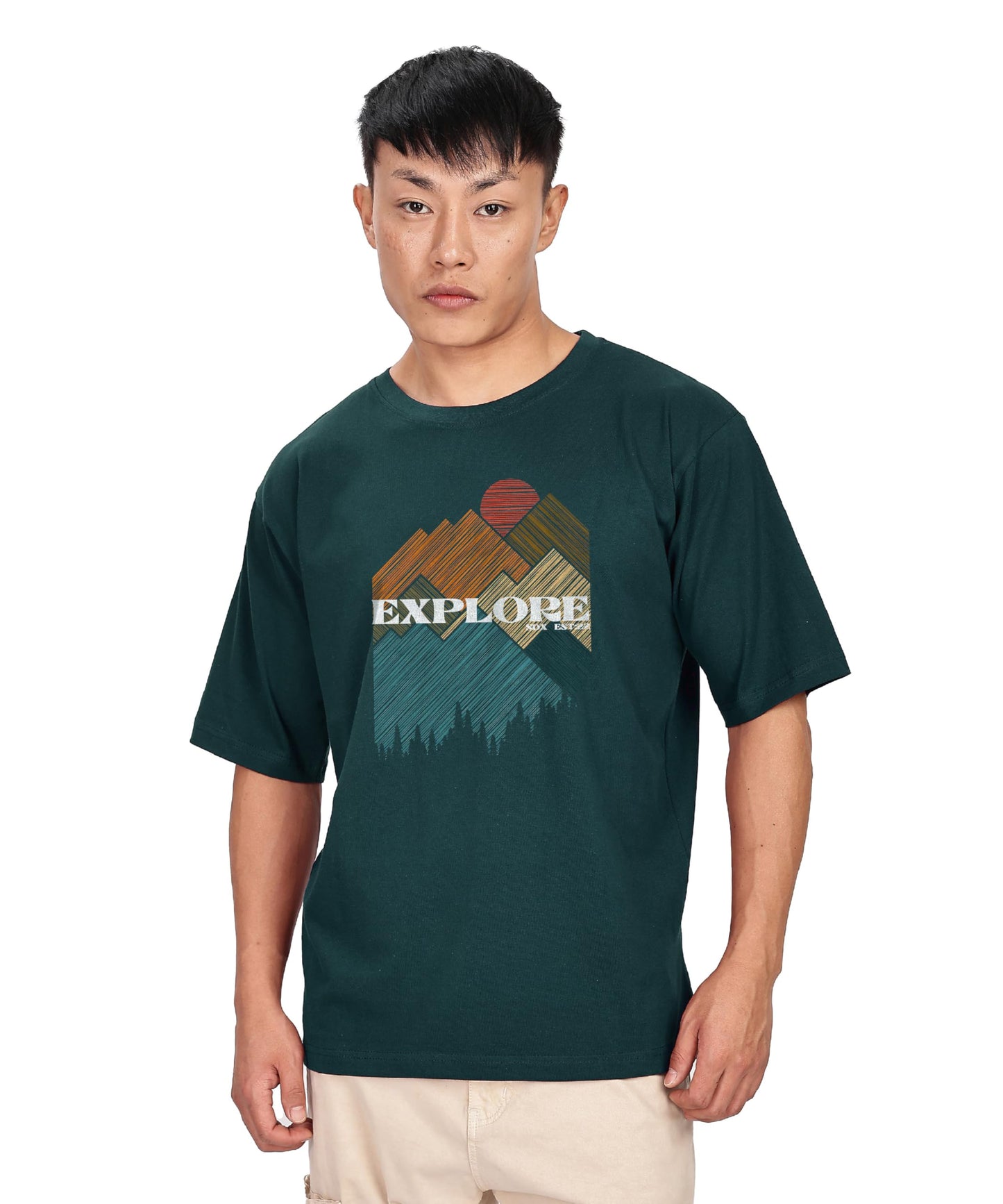 SHODOX Mens 100% Cotton Oversized Half Sleeve Tshirt for Men - Drop Shoulder Front and Back Printed Round Neck Tshirts, Relaxed