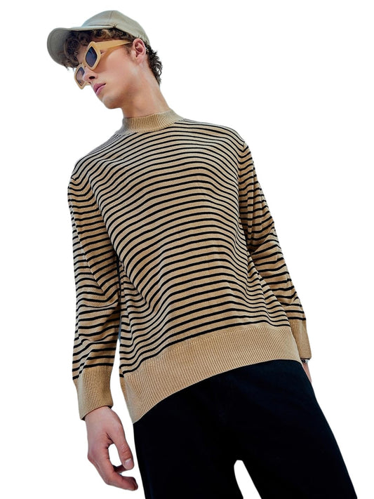 Bewakoof Mens Striped Oversized Sweater_597223_Brown_XL