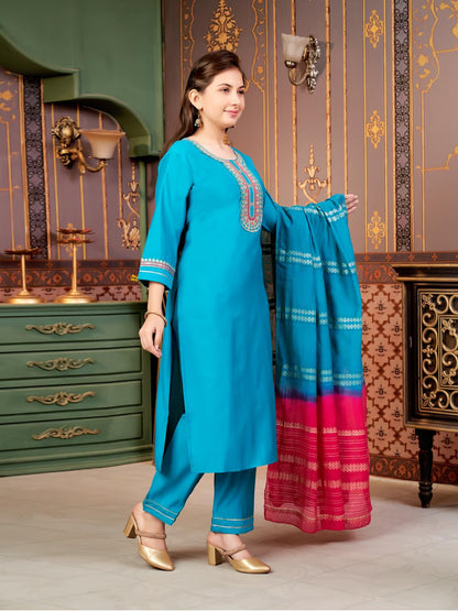 Aarika Girls Ethnic Wear Turqouise Colour Sequin Embroidery Silk Kurti Pant Set-10-15 Years (Kp-Sd-6001)
