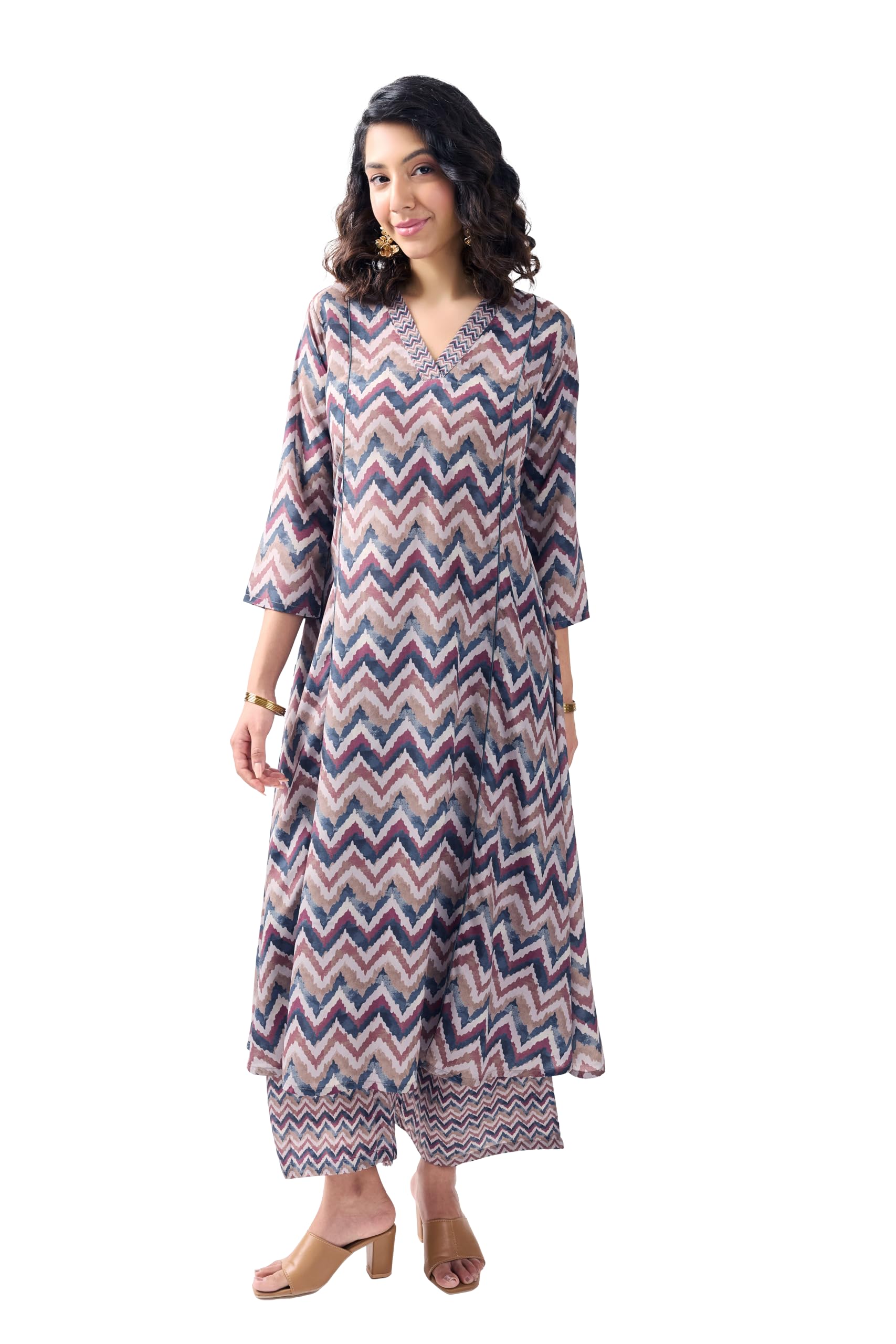 Toochki WomenS Multicolor Zig-Zag Printed Rayon Stitched Dress | Dress For Women Co Ord Set | Latest Women Dress With Pant | Tw