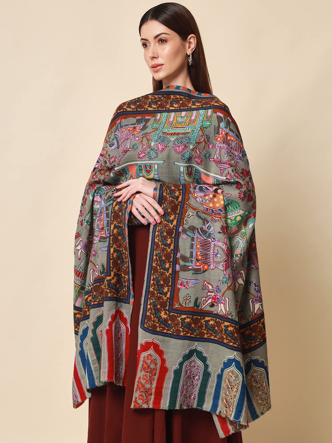 Pashmoda Women Noor Pure Wool Kalamkari Hand Embroidered Shawl (Size: 101 X 203 Cms)
