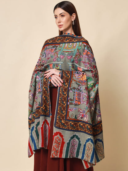 Pashmoda Women Noor Pure Wool Kalamkari Hand Embroidered Shawl (Size: 101 X 203 Cms)
