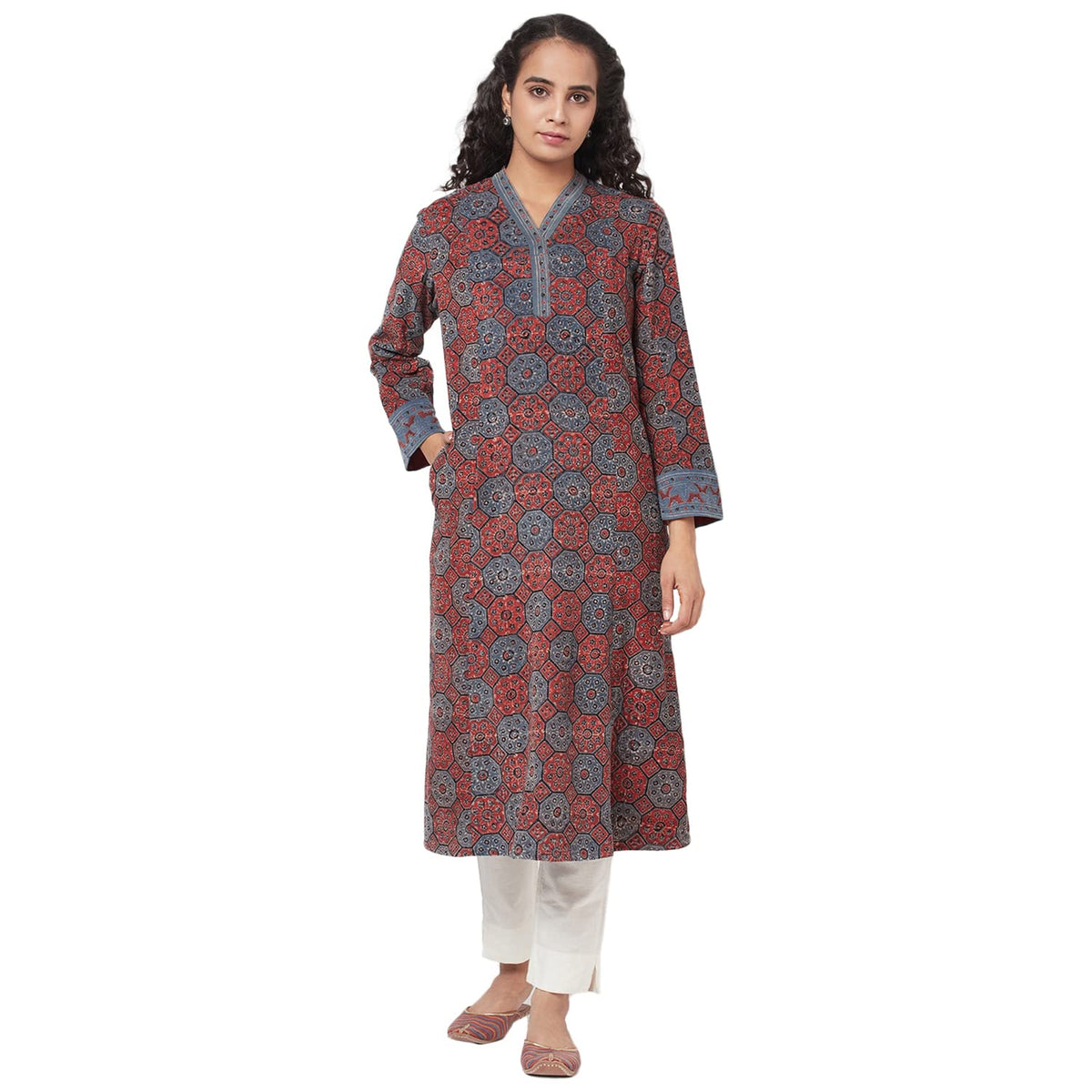 Fabindia Women Corduroy Ajrak Printed Long Kurta Cotton_Xl Dark Blue