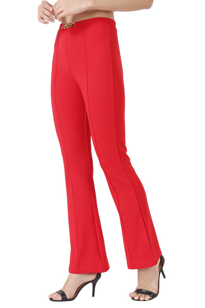 POPWINGS Solid Full-Length Polyester Regular-Fit Trouser Pants for Women for Casual and Semi Formal Wear Red
