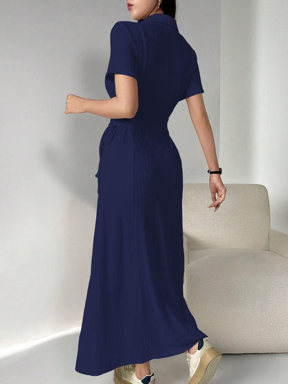 Shasmi Womens Navy Blue Solid Color Applique Lace-Up Collared Short Sleeve, Side-Tie Waist Long Casual Maxi Women Dress Outfit L
