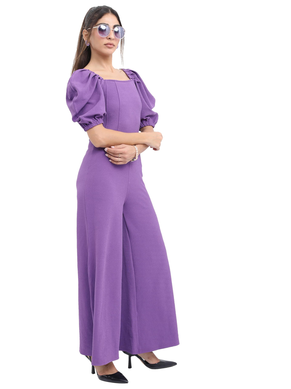 Ketch Womens Puff Sleeve Flared Jumpsuit
