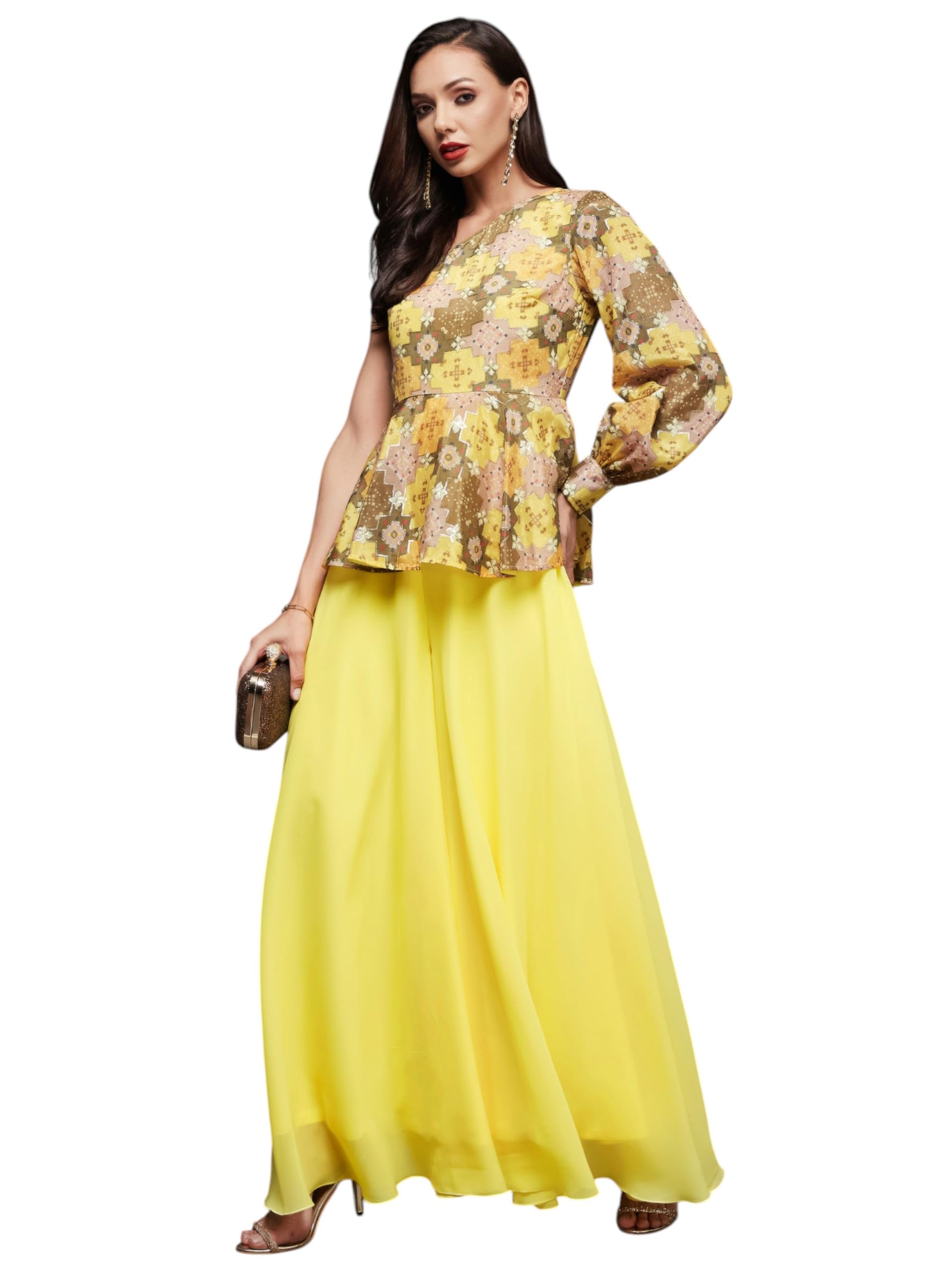 Miss Chase Womens One Shoulder Neck Sleeves Regular-Length Jumpsuit,(MCSS23D15-91-164-06, Multicolored-Base-Yellow, XL)
