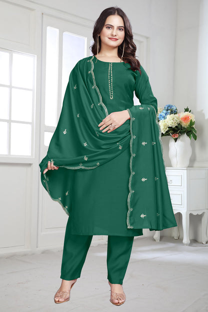 Satpurush WomenS Green Cotton Silk Round Neck 3/4Th Sleeve Floral Embroidery Straight Kurta Salwar Suit Set With Pant(Bvm-152-A