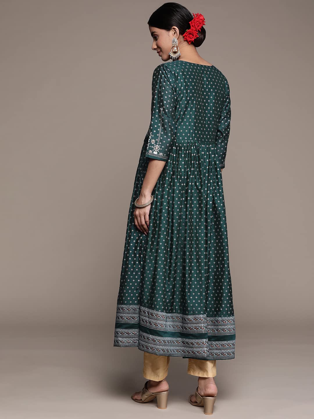 ishin Women's Silk Blend Teal Embellished Anarkali Kurta