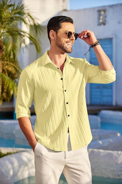 Finivo Fashion MenS Casual Cotton Plain Button Down Shirt Long Sleeve Textured Summer Beach Shirt For Men Yellow