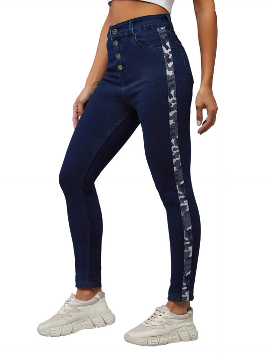 Dolce Crudo Womens Skinny High Rise Clean Look Printed Fabric Tape Detailing Regular Length Denim Jeans (DOSS19DEN07-40-71-34, 