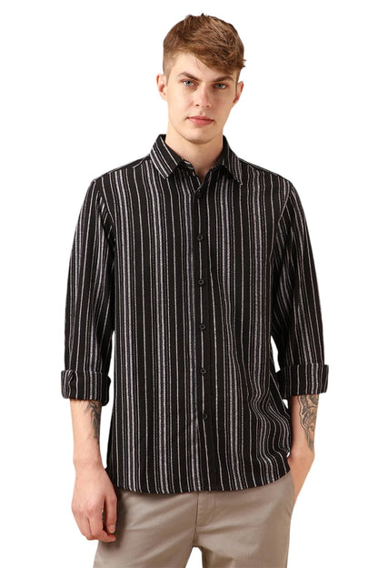 Dennis Lingo Men Black 100% Cotton Full Sleeve Spread Collar Stripes Shirts