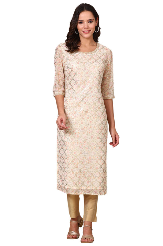 Aurelia Women's Abstract Printed Georgette Regular Kurta With Embellished Neck