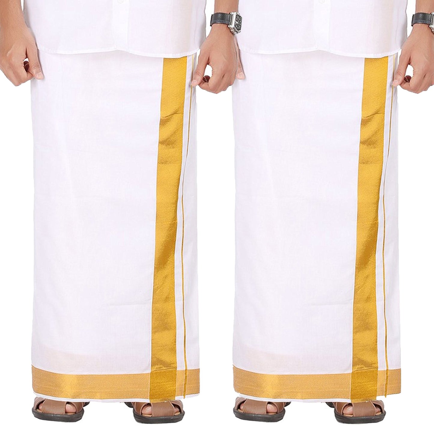 Prakasam Cotton Solid White Double Layer Dhoti With Golden Jari Border Dhoti For Mens (1.26 X 3.60 Meter) 2 Inch Jari Border (8