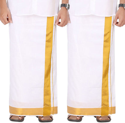 Prakasam Cotton Solid White Double Layer Dhoti With Golden Jari Border Dhoti For Mens (1.26 X 3.60 Meter) 2 Inch Jari Border (8